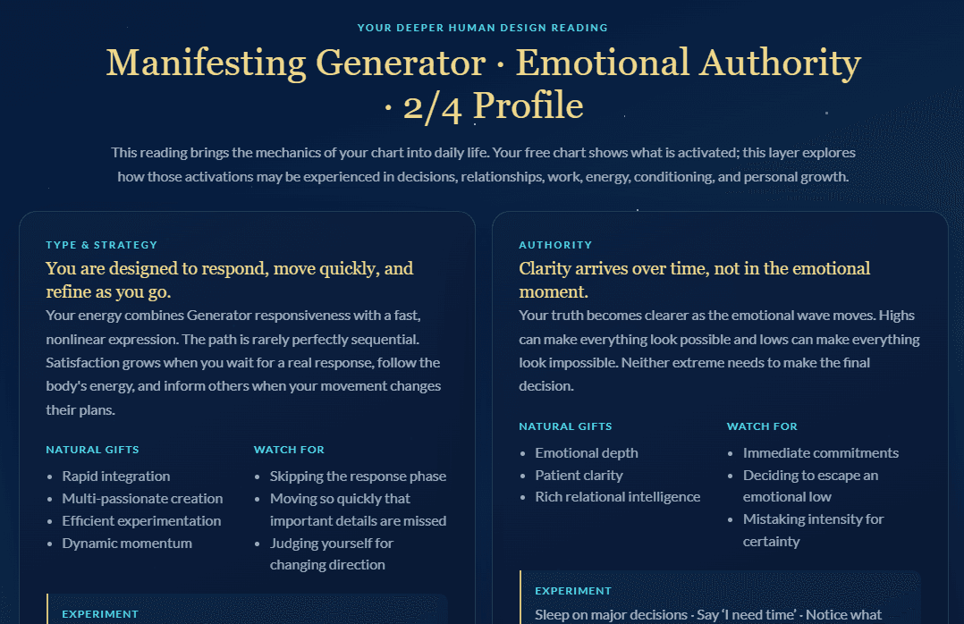 Sample personalized Human Design interpretation for Type, Authority, and Profile