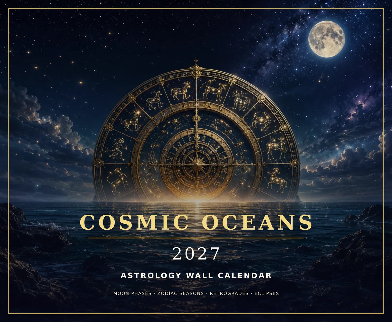 Cover of the Cosmic Oceans 2027 Astrology Wall Calendar with celestial blue artwork