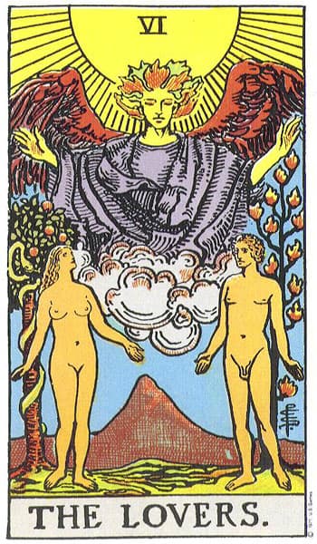 The Lovers Tarot card from the Rider-Waite-Smith deck