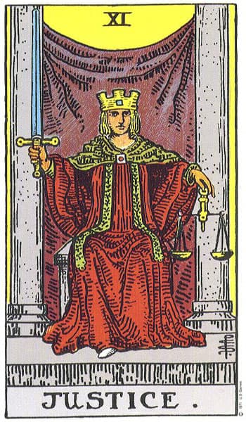 Justice Tarot card from the Rider-Waite-Smith deck
