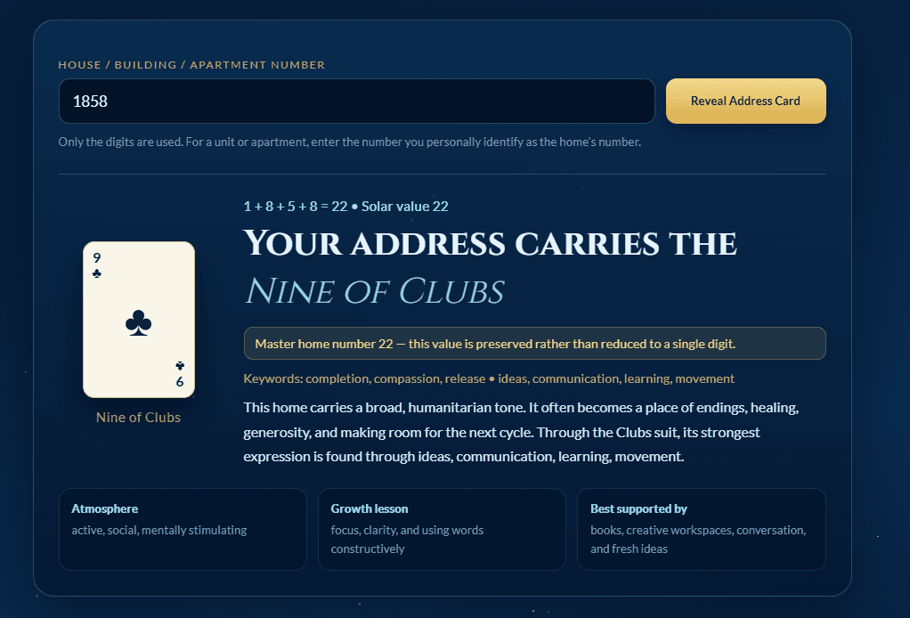 Address Card reading showing the solar value, Nine of Clubs, keywords, atmosphere, and growth lesson