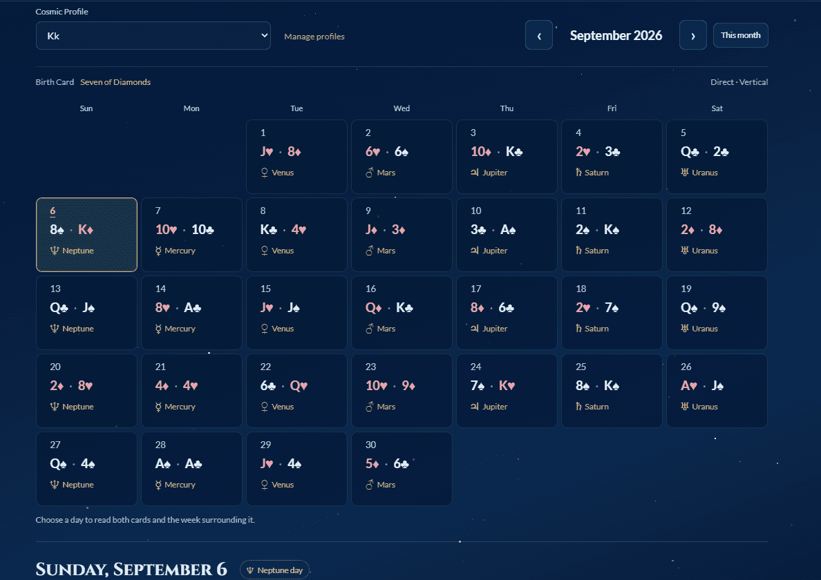Cosmic Cardology Calendar showing direct and vertical cards for each day of September 2026