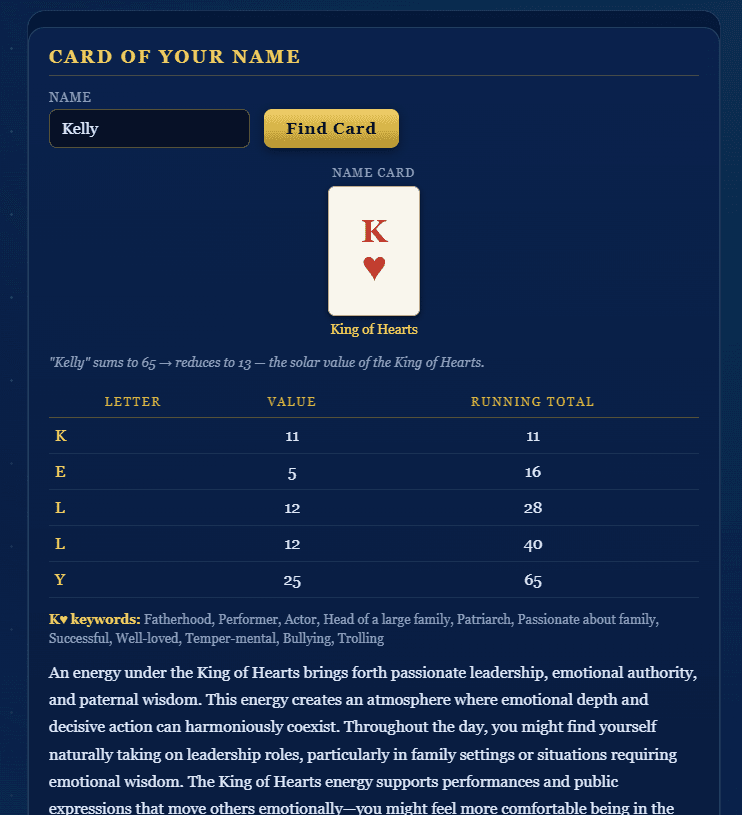 Name Card reading showing the playing card and solar value carried by a name