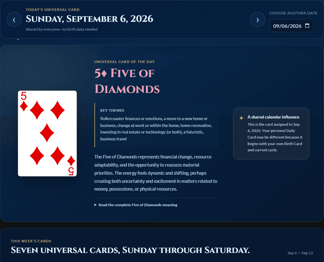 Universal Cardology Calendar showing the Five of Diamonds for September 6, 2026 and the seven cards in its Sunday-to-Saturday week