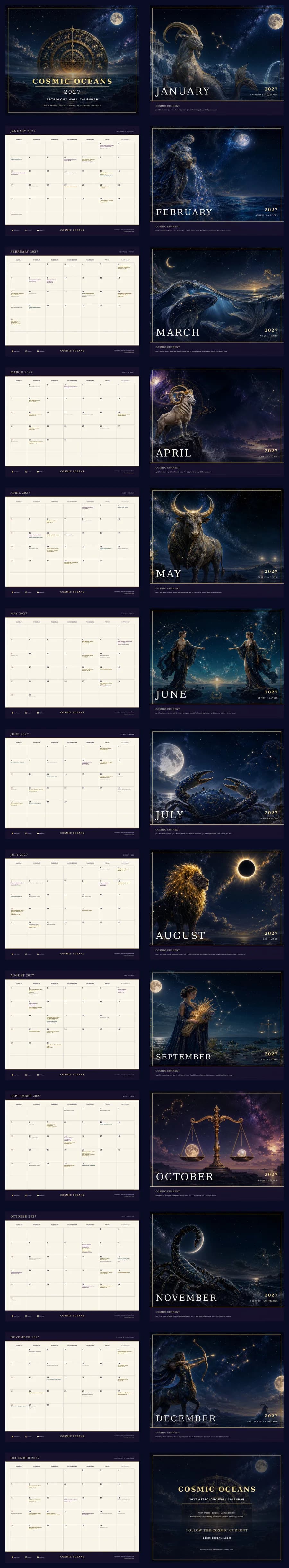 Contact sheet showing all pages in the 2027 Astrology Wall Calendar