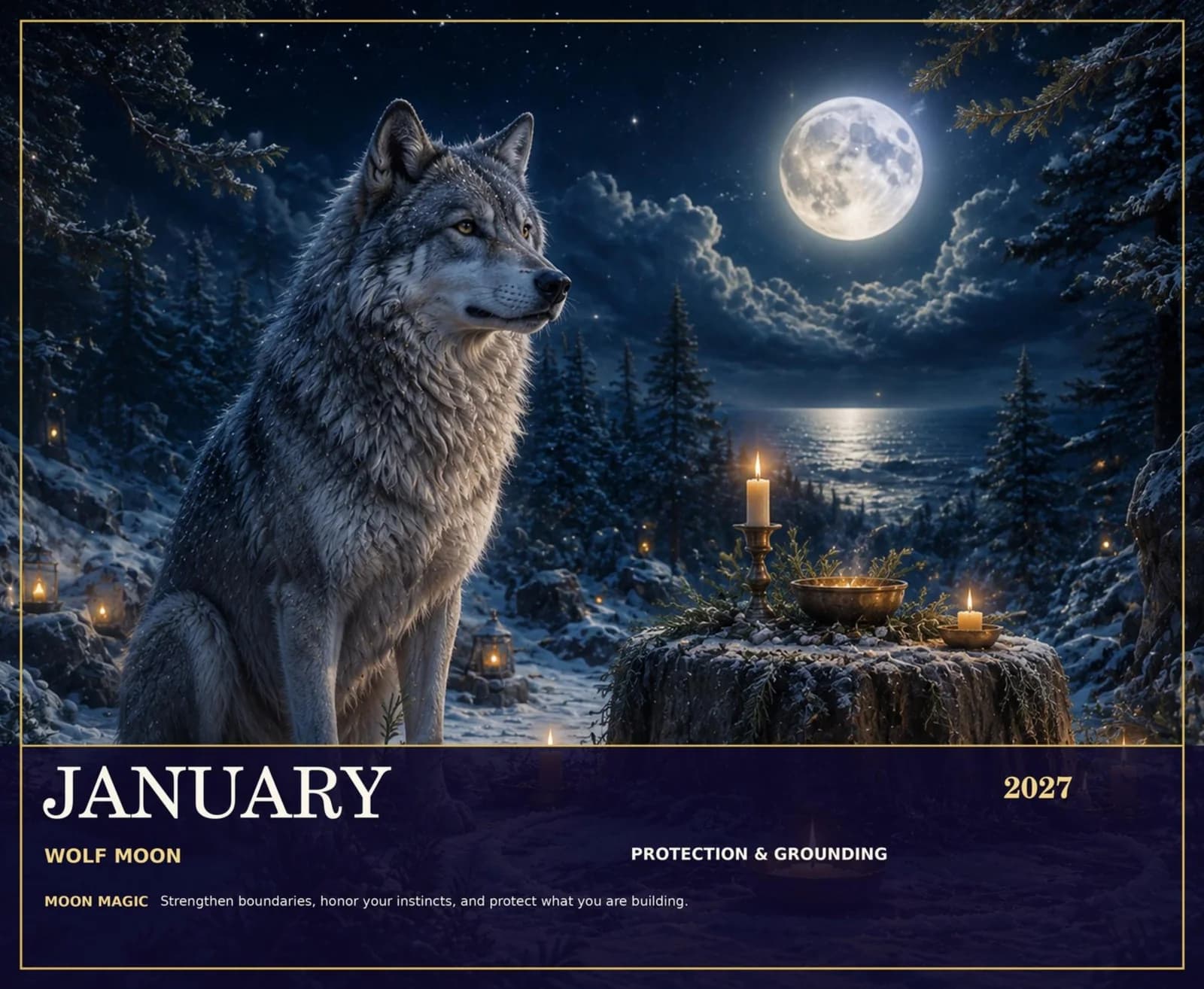 Wolf Moon January artwork from the 2027 Witch's Moon Calendar