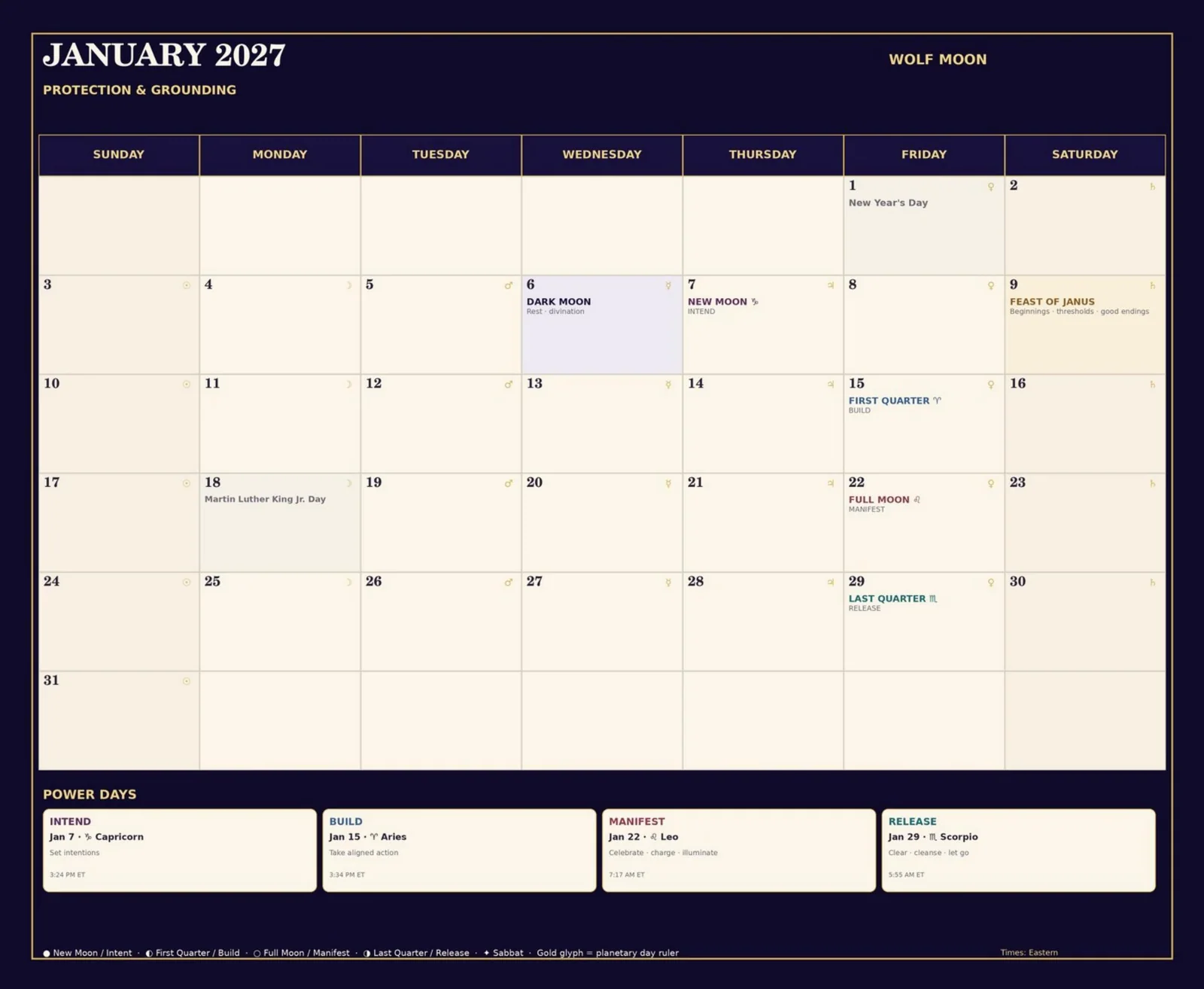 January Moon calendar grid with lunar phases and intention days