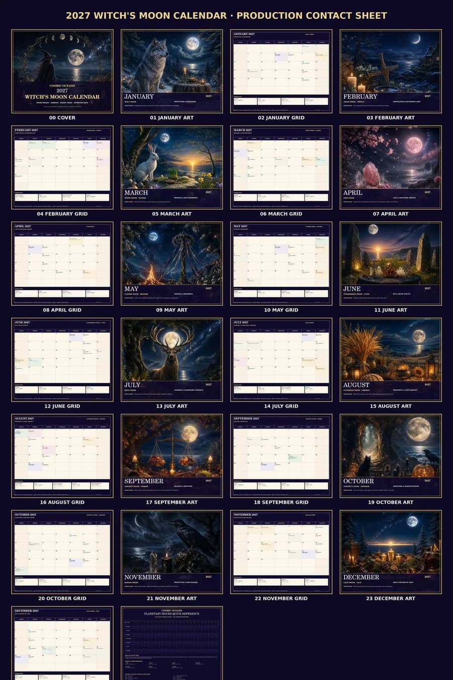 Contact sheet showing the Witch's Moon calendar artwork and monthly pages