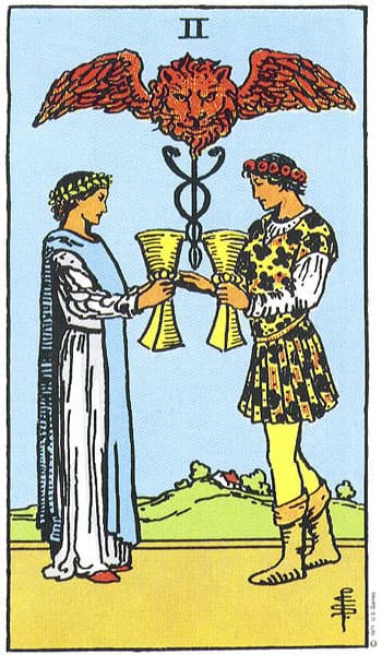 Two of Cups, original Rider–Waite–Smith tarot artwork by Pamela Colman Smith