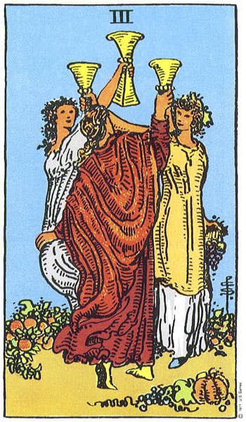 Three of Cups, original Rider–Waite–Smith tarot artwork by Pamela Colman Smith
