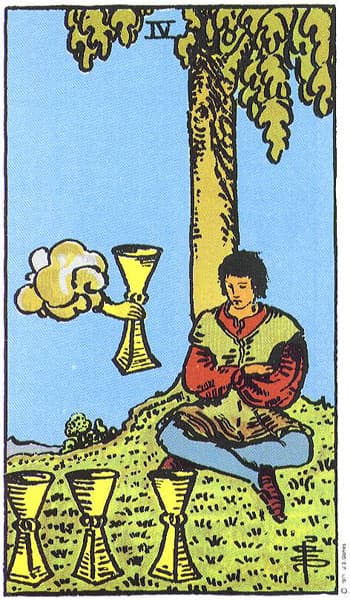 Four of Cups, original Rider–Waite–Smith tarot artwork by Pamela Colman Smith