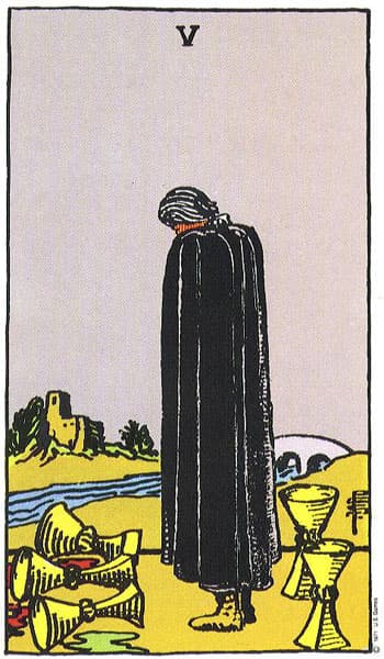 Five of Cups, original Rider–Waite–Smith tarot artwork by Pamela Colman Smith