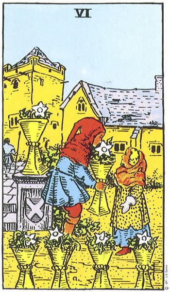 Six of Cups, original Rider–Waite–Smith tarot artwork by Pamela Colman Smith