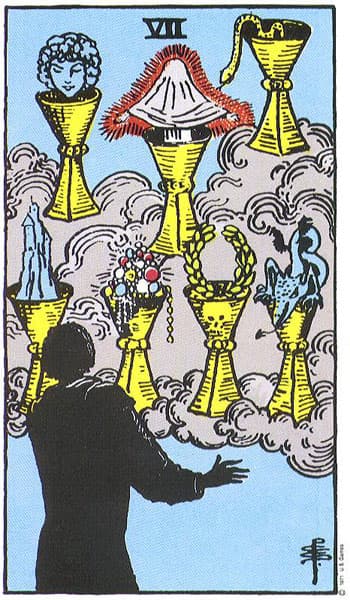 Seven of Cups, original Rider–Waite–Smith tarot artwork by Pamela Colman Smith