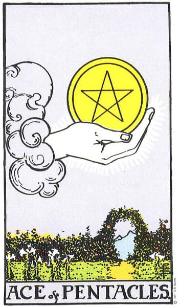 Ace of Pentacles, original Rider–Waite–Smith tarot artwork by Pamela Colman Smith