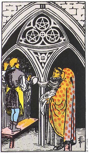 Three of Pentacles, original Rider–Waite–Smith tarot artwork by Pamela Colman Smith