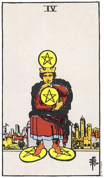Four of Pentacles, original Rider–Waite–Smith tarot artwork by Pamela Colman Smith