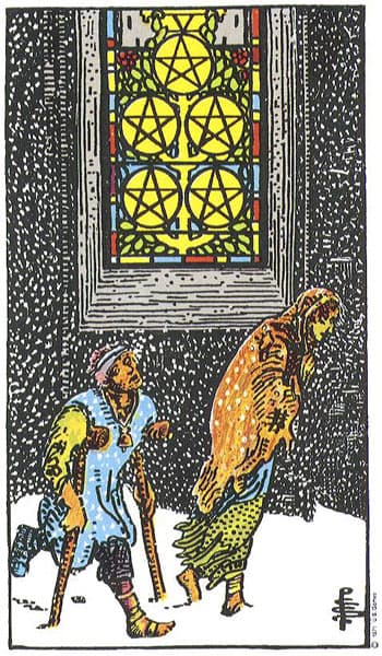 Five of Pentacles, original Rider–Waite–Smith tarot artwork by Pamela Colman Smith