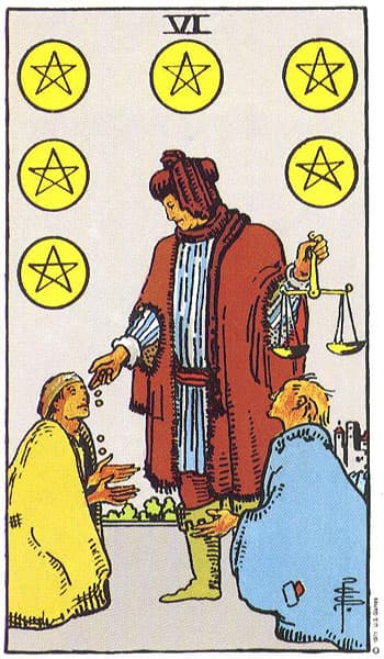 Six of Pentacles, original Rider–Waite–Smith tarot artwork by Pamela Colman Smith
