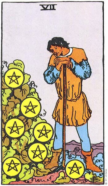 Seven of Pentacles, original Rider–Waite–Smith tarot artwork by Pamela Colman Smith