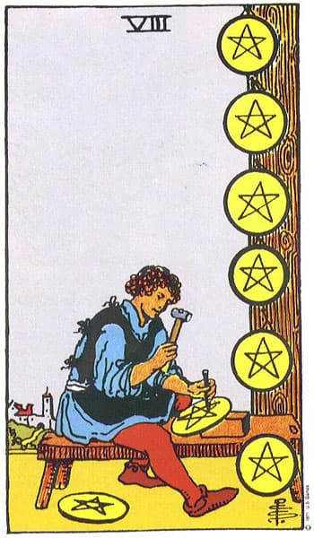Eight of Pentacles, original Rider–Waite–Smith tarot artwork by Pamela Colman Smith