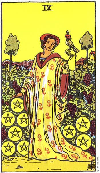 Nine of Pentacles, original Rider–Waite–Smith tarot artwork by Pamela Colman Smith