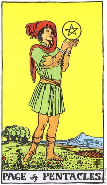 Page of Pentacles, original Rider–Waite–Smith tarot artwork by Pamela Colman Smith