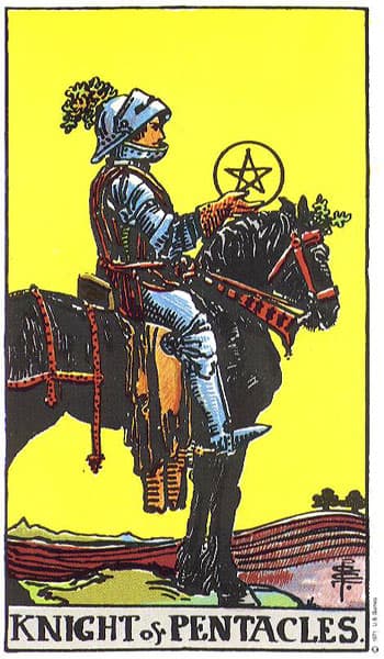 Knight of Pentacles, original Rider–Waite–Smith tarot artwork by Pamela Colman Smith
