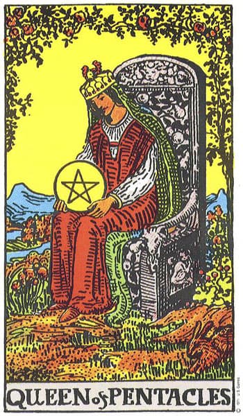 Queen of Pentacles, original Rider–Waite–Smith tarot artwork by Pamela Colman Smith