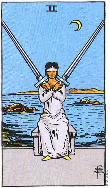 Two of Swords, original Rider–Waite–Smith tarot artwork by Pamela Colman Smith