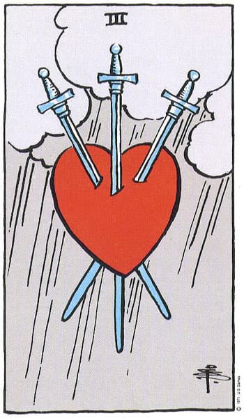 Three of Swords, original Rider–Waite–Smith tarot artwork by Pamela Colman Smith