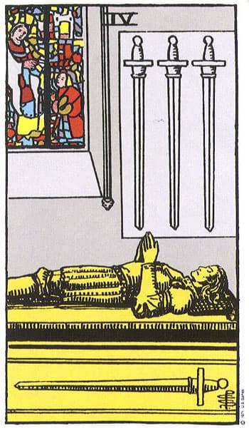 Four of Swords, original Rider–Waite–Smith tarot artwork by Pamela Colman Smith