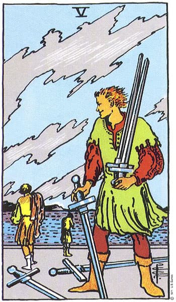 Five of Swords, original Rider–Waite–Smith tarot artwork by Pamela Colman Smith