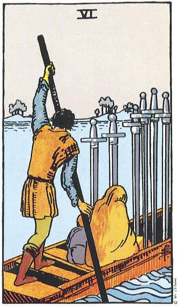 Six of Swords, original Rider–Waite–Smith tarot artwork by Pamela Colman Smith