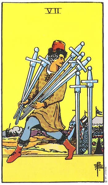Seven of Swords, original Rider–Waite–Smith tarot artwork by Pamela Colman Smith