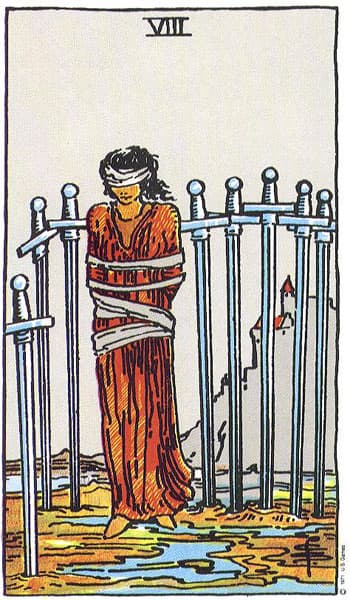 Eight of Swords, original Rider–Waite–Smith tarot artwork by Pamela Colman Smith