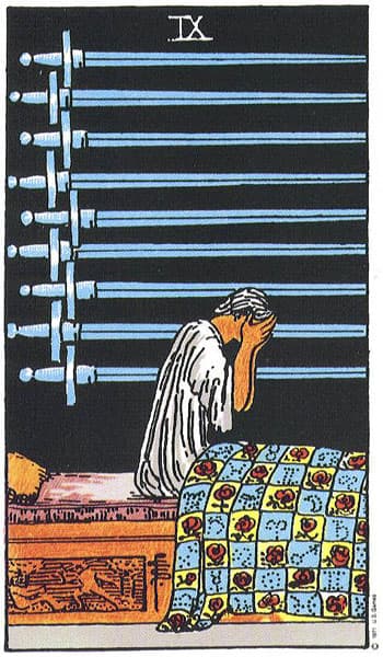 Nine of Swords, original Rider–Waite–Smith tarot artwork by Pamela Colman Smith