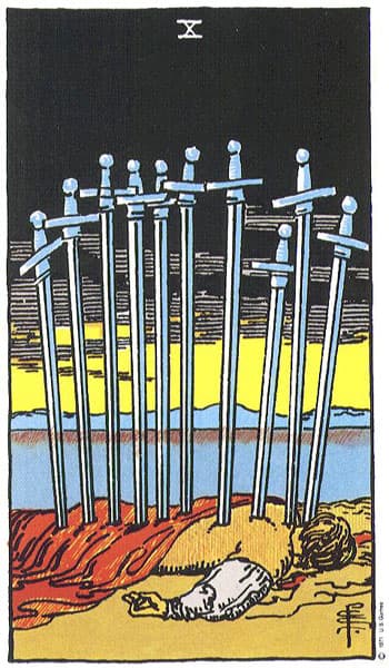Ten of Swords, original Rider–Waite–Smith tarot artwork by Pamela Colman Smith