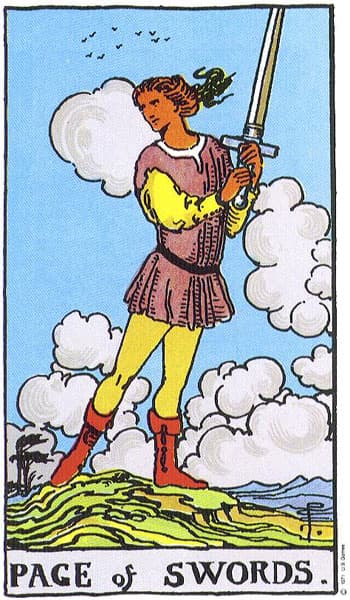 Page of Swords, original Rider–Waite–Smith tarot artwork by Pamela Colman Smith