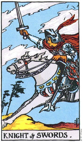 Knight of Swords, original Rider–Waite–Smith tarot artwork by Pamela Colman Smith