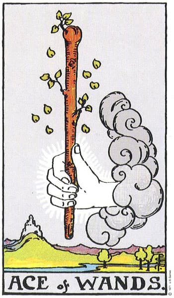 Ace of Wands, original Rider–Waite–Smith tarot artwork by Pamela Colman Smith