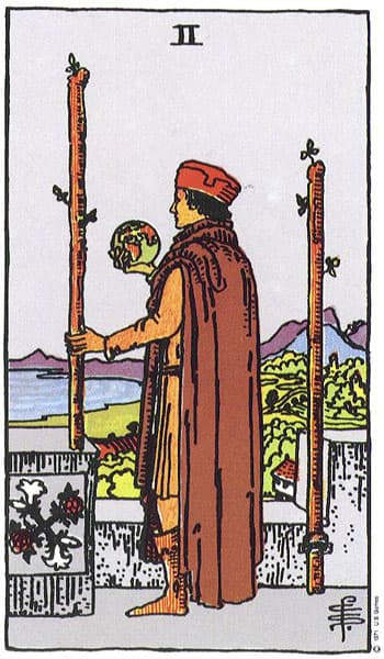 Two of Wands, original Rider–Waite–Smith tarot artwork by Pamela Colman Smith