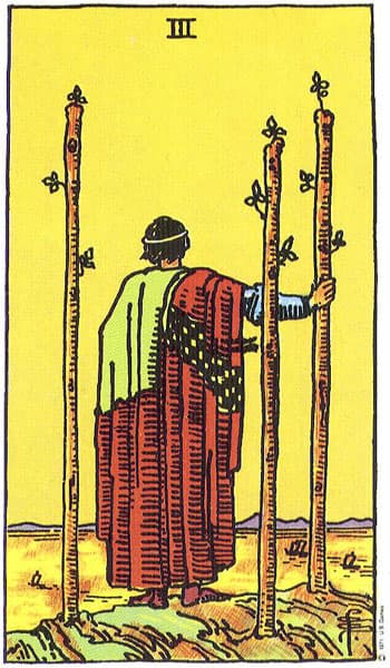 Three of Wands, original Rider–Waite–Smith tarot artwork by Pamela Colman Smith