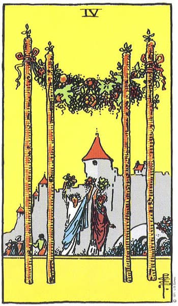 Four of Wands, original Rider–Waite–Smith tarot artwork by Pamela Colman Smith