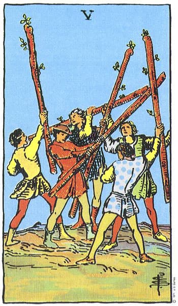 Five of Wands, original Rider–Waite–Smith tarot artwork by Pamela Colman Smith