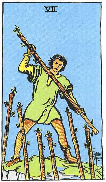 Seven of Wands, original Rider–Waite–Smith tarot artwork by Pamela Colman Smith
