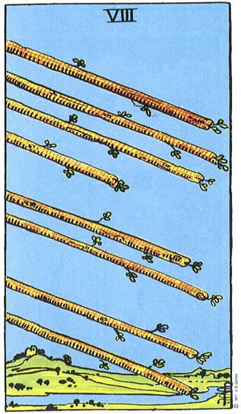 Eight of Wands, original Rider–Waite–Smith tarot artwork by Pamela Colman Smith