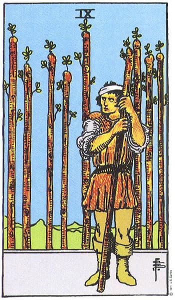 Nine of Wands, original Rider–Waite–Smith tarot artwork by Pamela Colman Smith