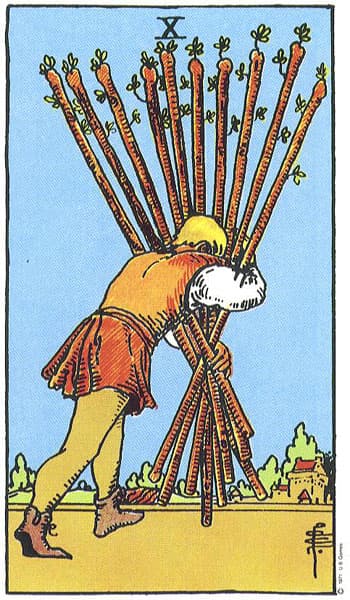 Ten of Wands, original Rider–Waite–Smith tarot artwork by Pamela Colman Smith